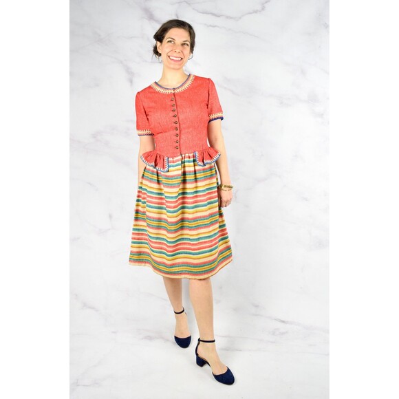 1940s Rainbow Dress Size Small 40s Striped Peplum Dress Crochet Details Wool - Picture 5 of 10